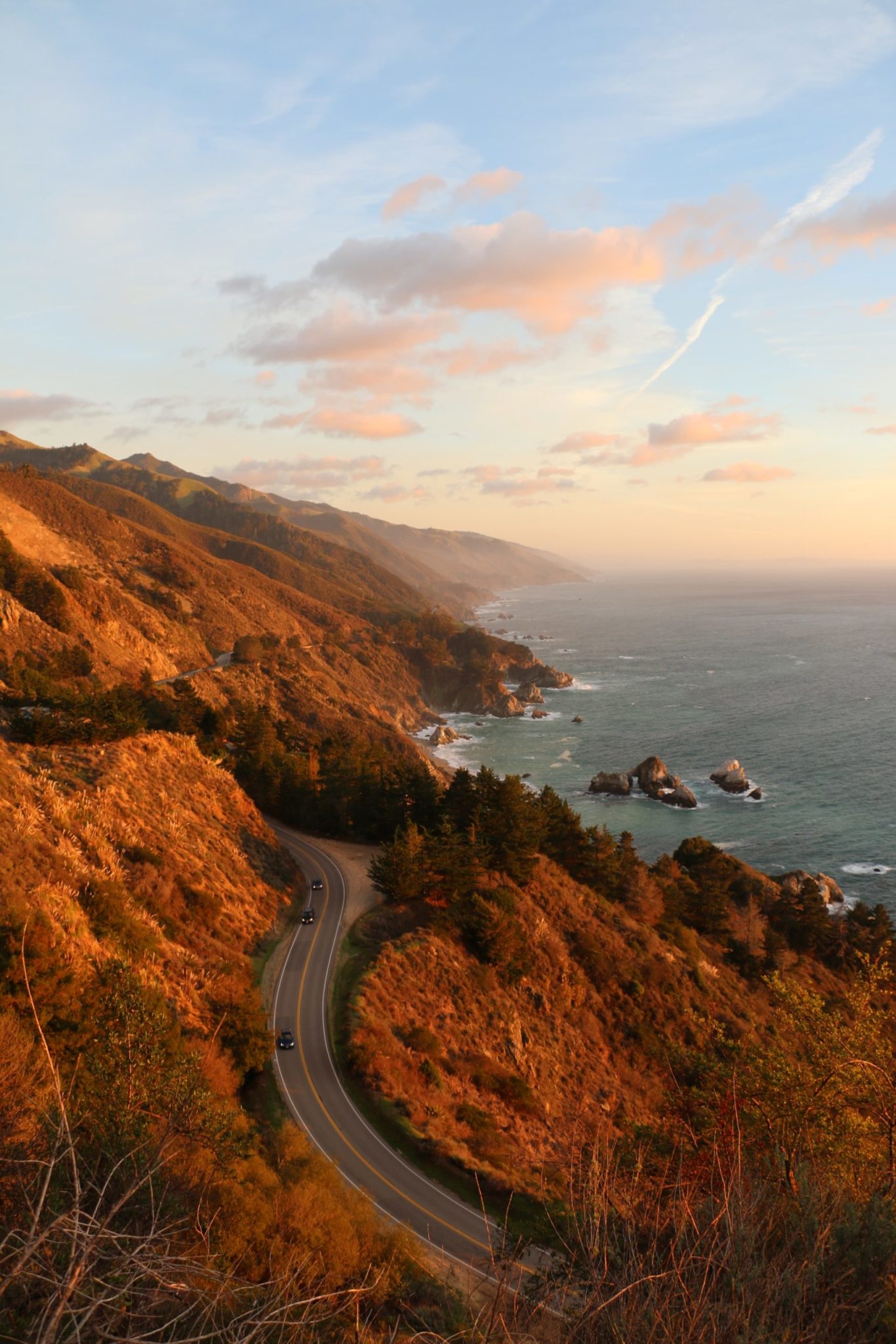 a road with a body of water and trees on the side