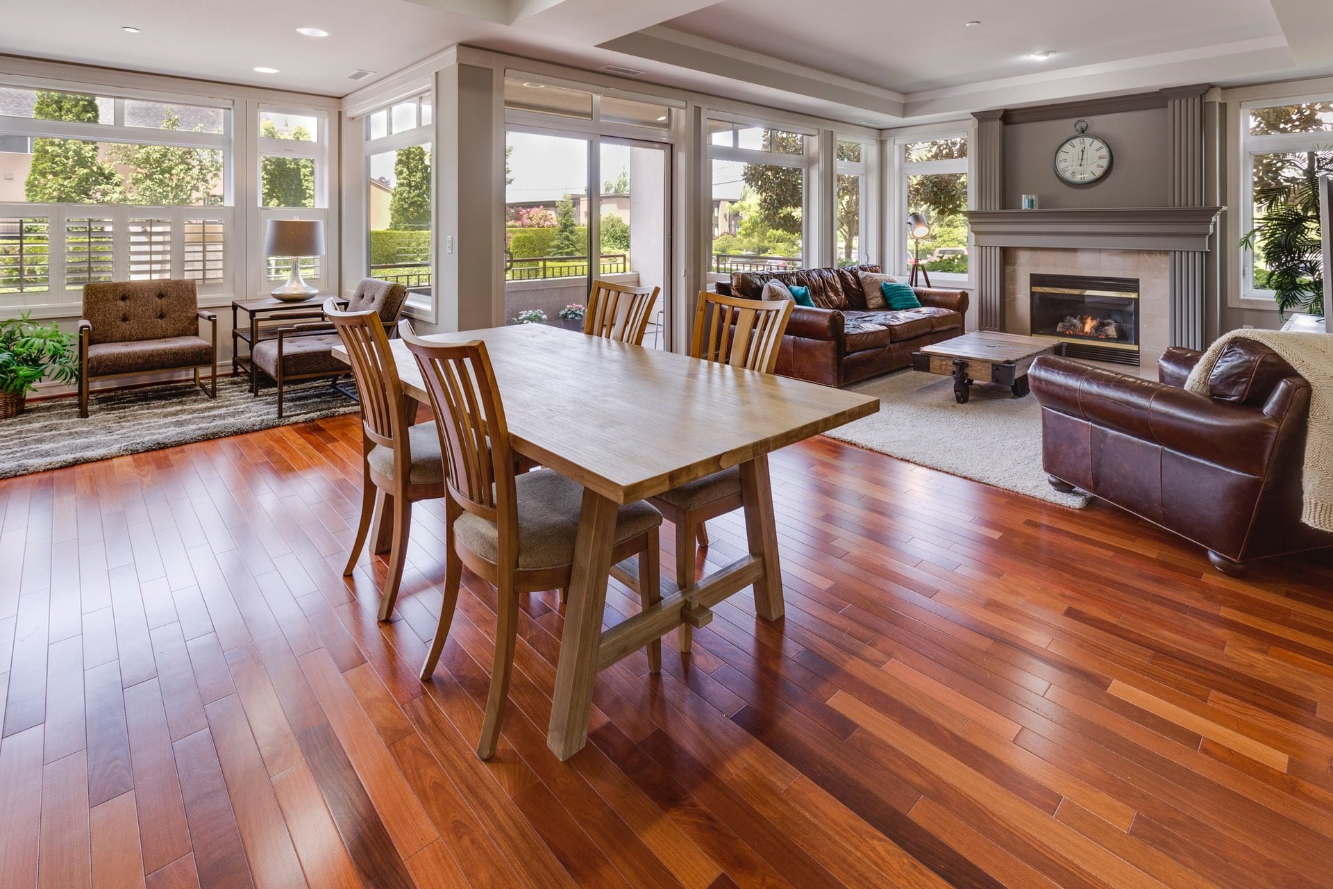 a dining room with a wood floor