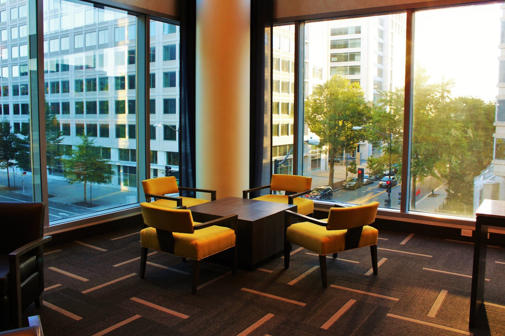 a room with tables and chairs