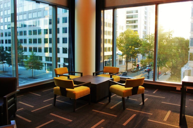 a room with tables and chairs