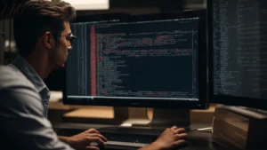 a developer intently reviews lines of code on a computer screen while referencing a book on laravel beside them.