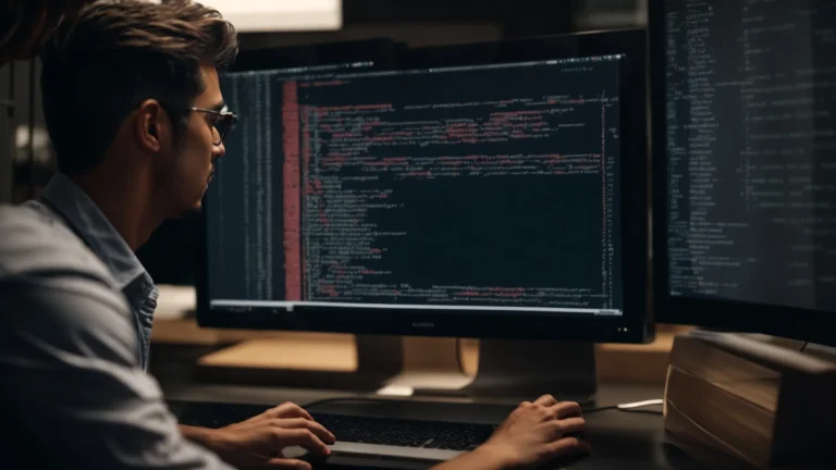a developer intently reviews lines of code on a computer screen while referencing a book on laravel beside them.