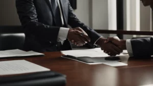 a person in a suit shakes hands across a table with a client, with legal documents and a laptop open in front of them.