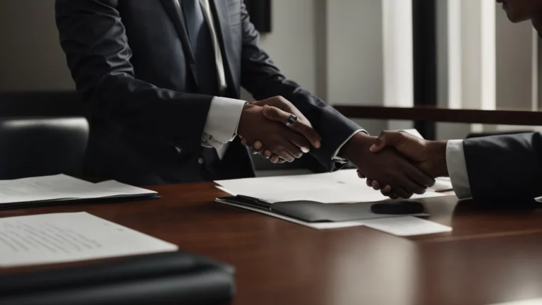 a person in a suit shakes hands across a table with a client, with legal documents and a laptop open in front of them.