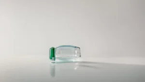 a close-up photo of a dropper bottle filled with clear liquid, placed against a laboratory backdrop.