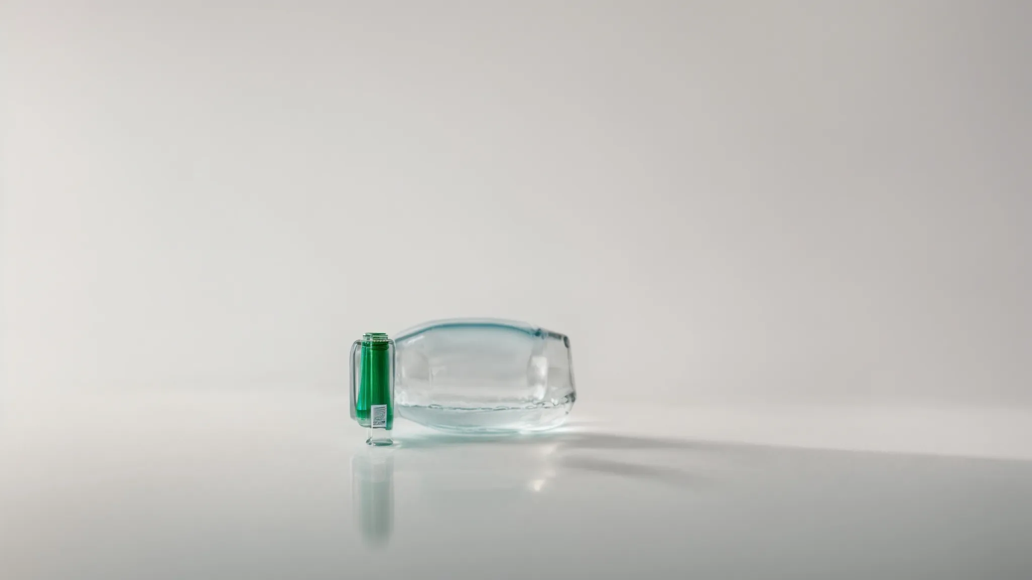 a close-up photo of a dropper bottle filled with clear liquid, placed against a laboratory backdrop.