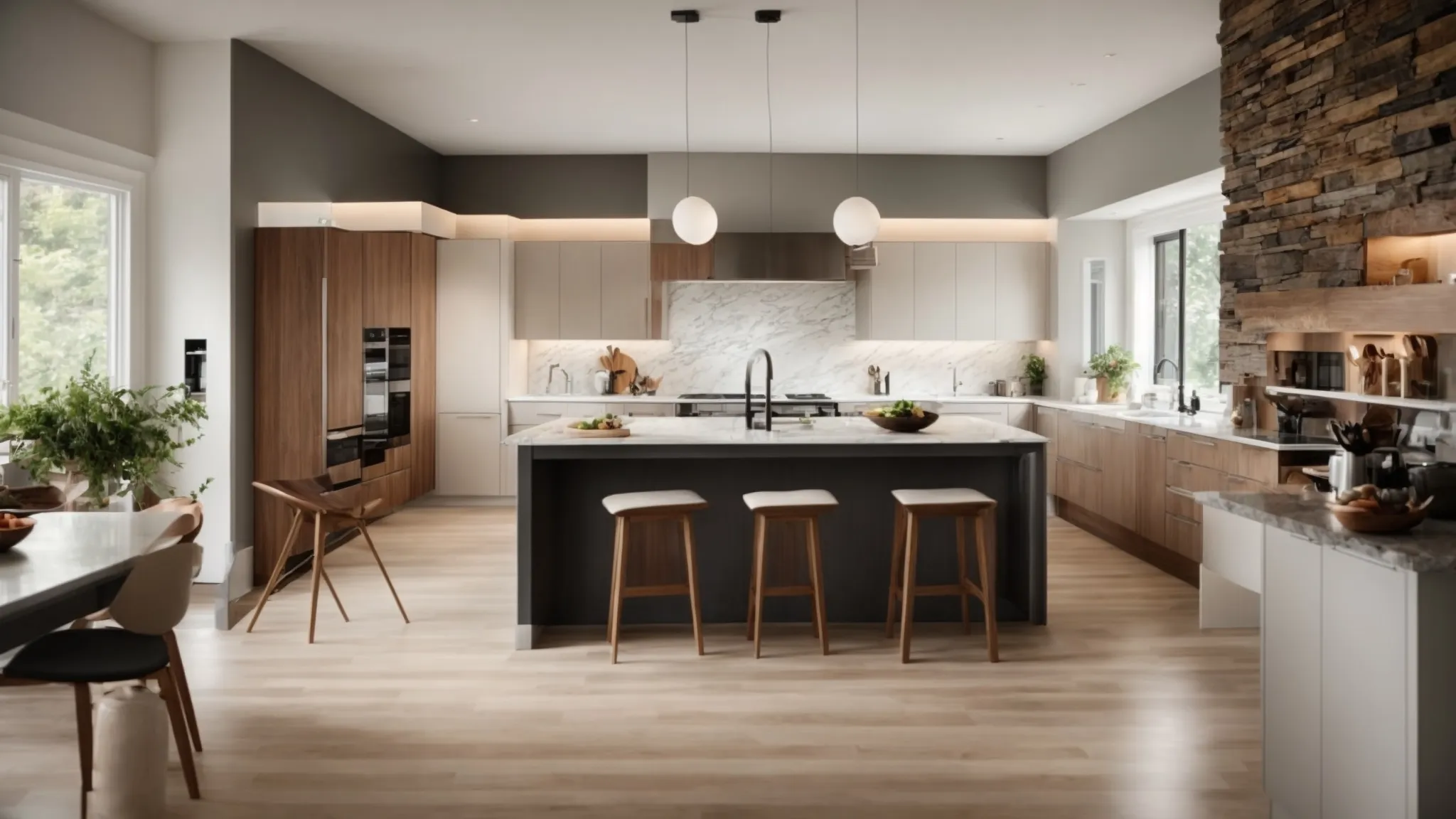 a modern, newly remodeled open-plan kitchen seamlessly blends with an elegant living space.