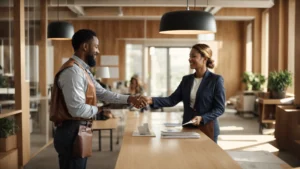 a small business owner shakes hands with an insurance agent in a sunny office, with a visible "workers' compensation insurance" brochure on the table.