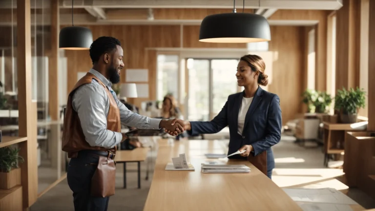 a small business owner shakes hands with an insurance agent in a sunny office, with a visible "workers' compensation insurance" brochure on the table.