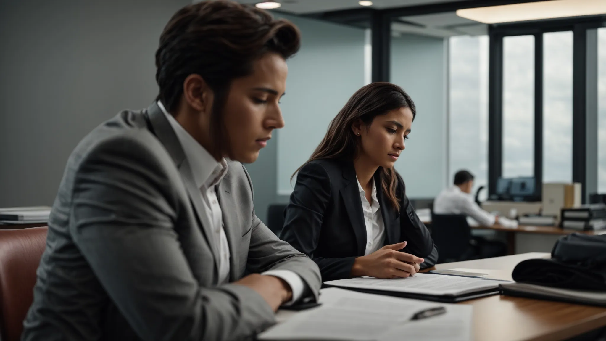 a worried individual sits across from a confident lawyer in a professional office.