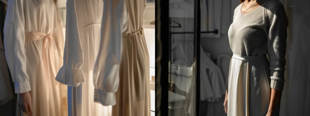 a woman choosing between a light cotton dress and a cozy wool dress displayed on an anchor.