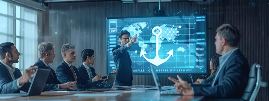 a group of professionals in a boardroom, pointing at a large anchor symbol projected on a screen as they discuss the benefits of the sap erp connector for decision-making.