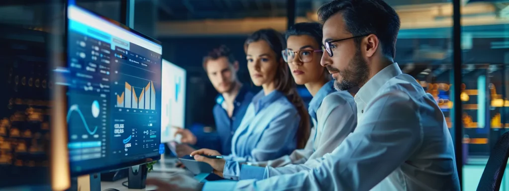 a professional business team working together at a computer with the sap erp connector search tool displayed on the screen.