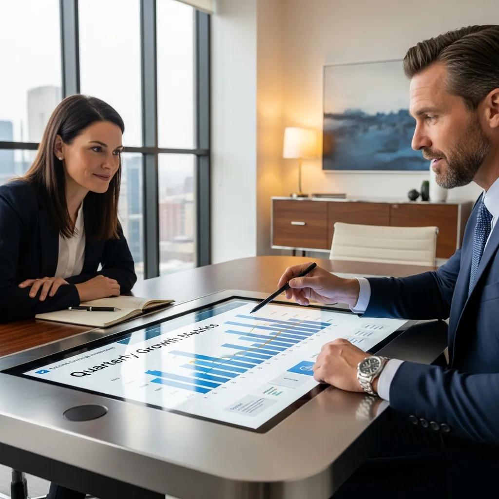 Business advisor presenting strategic insights to a client, highlighting the advantages of hiring top advisors