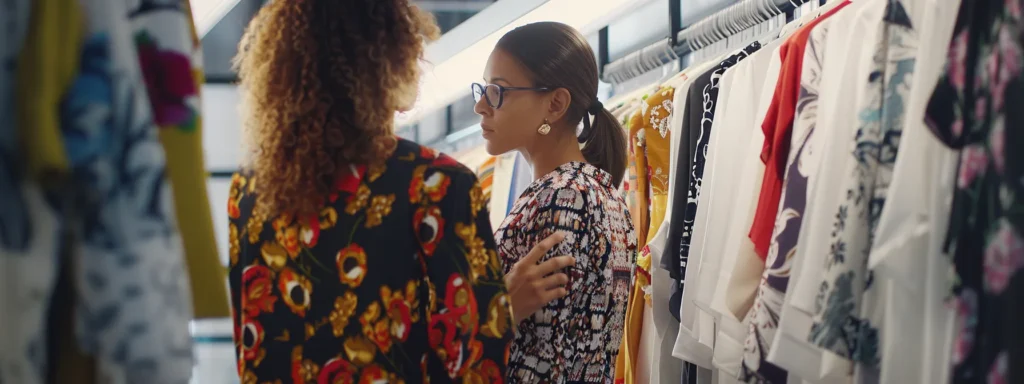 business professionals examining different fabrics swatches on an anchor board displaying women's dresses.