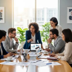 Diverse business consultants collaborating in a modern office, emphasizing teamwork and expertise in consulting services