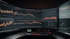 a computer screen displays graphs and charts indicating real-time data synchronization between systems.