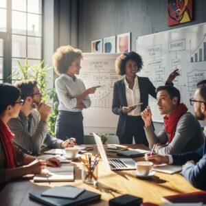 Diverse business professionals collaborating in a modern office, emphasizing teamwork and strategic planning