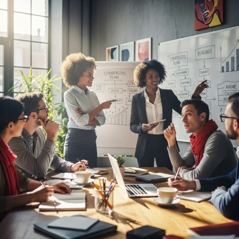 Diverse business professionals collaborating in a modern office, emphasizing teamwork and strategic planning